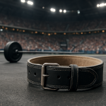 Close-up of a black lifting belt on a gym floor with a barbell in the background