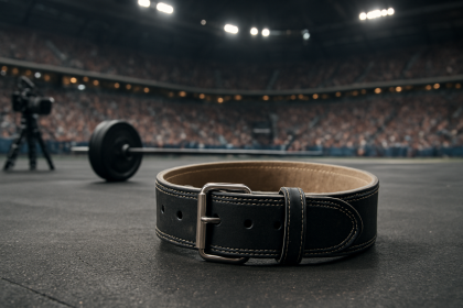Close-up of a black lifting belt on a gym floor with a barbell in the background