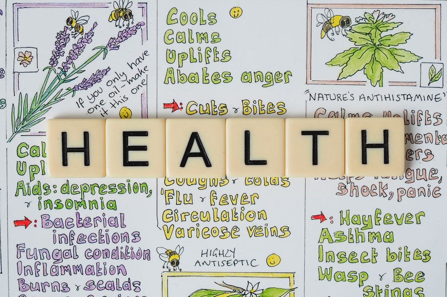 Creative representation of herbal health benefits using illustrated letter tiles spelling 'health'. β Nuru Massage Experience
