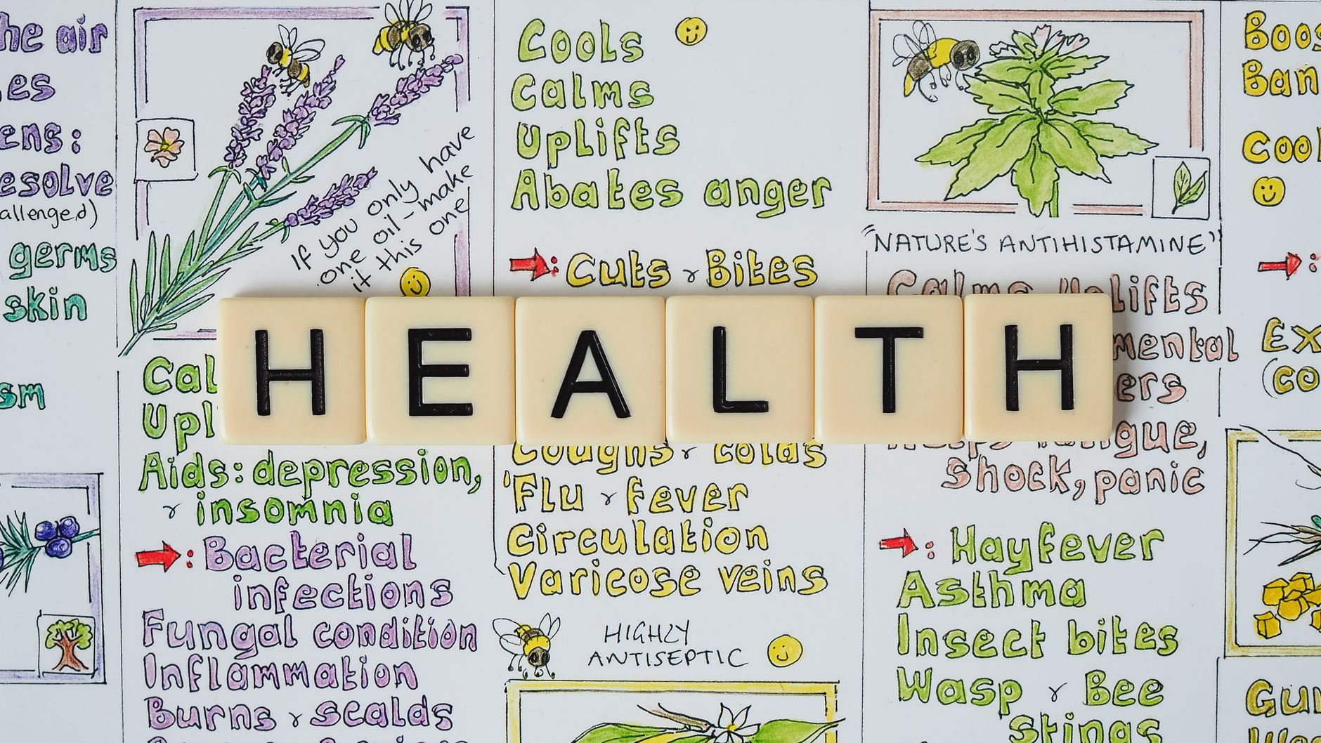 Creative representation of herbal health benefits using illustrated letter tiles spelling 'health'. — Nuru Massage Experience