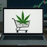 A laptop displaying a shopping cart with a cannabis leaf inside, symbolizing online cannabis purchases in a financial co