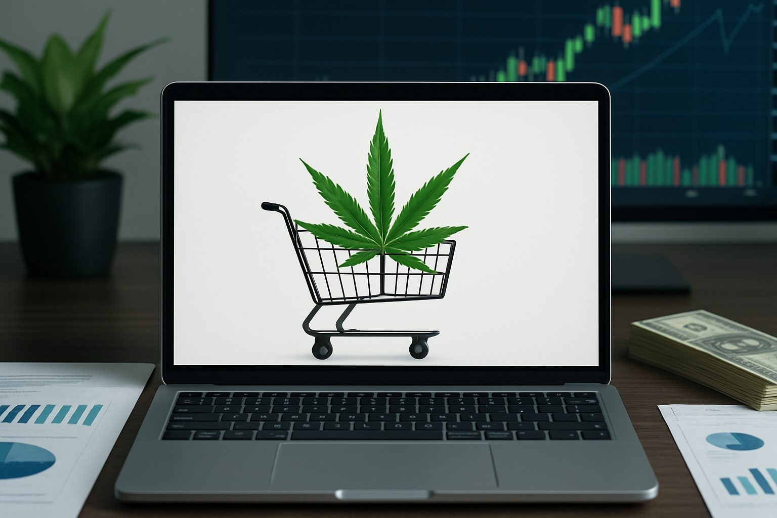 A laptop displaying a shopping cart with a cannabis leaf inside, symbolizing online cannabis purchases in a financial co