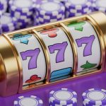 A close-up of a golden slot machine surrounded by purple poker chips.