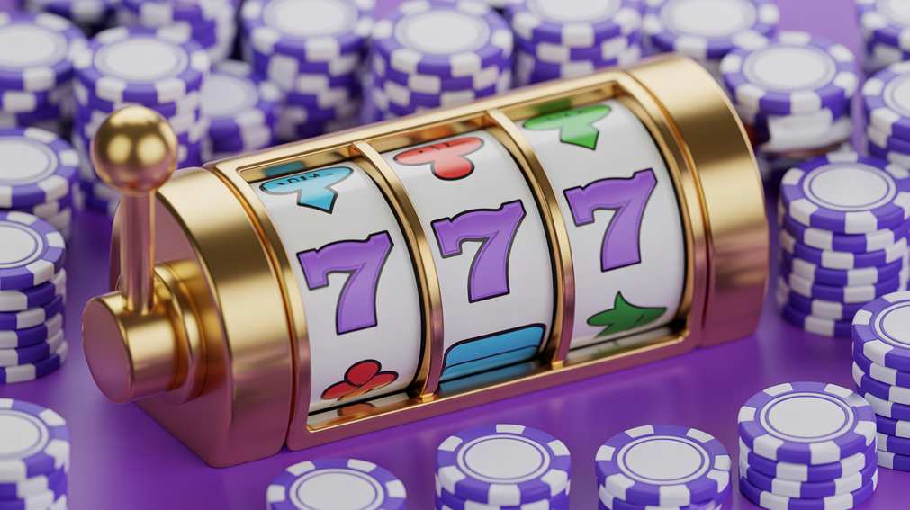 A close-up of a golden slot machine surrounded by purple poker chips.